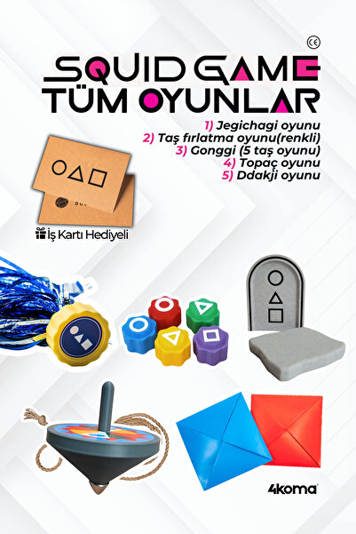 4koma Squid Game 2 Oyun Seti Tüm Oyunlar 5 Adet Oyun Metal Uçlu Topaç/Gonggi/Ddakji/Jegichagi/Taş Fırlatma