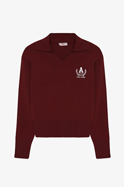 Quzu Arma Embroidered Shirt Collar Sweater Burgundy