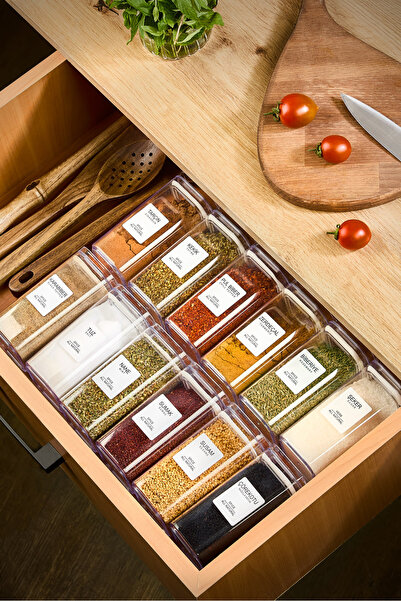 Kitchen Life Σετ 12 ακρυλικών τετράγωνων μπαχαρικών κενού με ετικέτα 300 ml - Σετ μπαχαρικών με καπάκι στεγανό