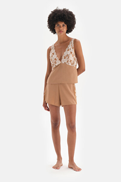 Dagi Brown Velvet Stripe Detailed Lace Shorts Pajama Bottoms