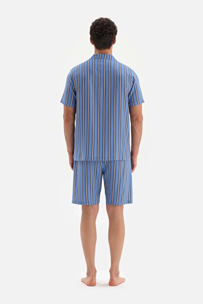 Dagi Mavi Gömlek Yaka Çizgili Şortlu Dokuma Pijama Takımı