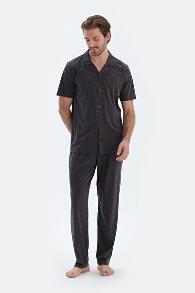 Dagi Anthracite Microprint Printed Combed Cotton Modal Shirt Pants Pajama Set