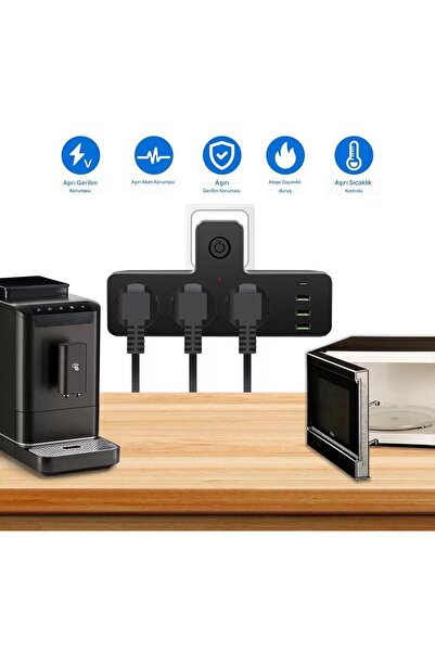 asua 3'lü Termal Akım Korumalı Priz 3xUSB 1xType-C 20W PD Giriş