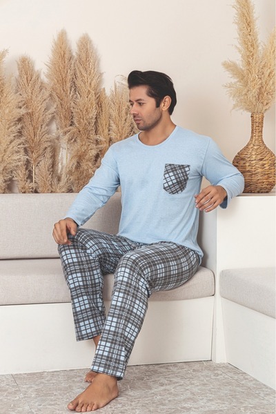 Sude HOMEWEAR Men's Plaid Pocket Long Sleeve Pajama Set