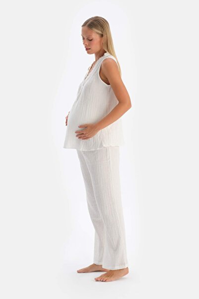 Dagi White Muslin Long Pajama Bottoms for Pregnant Women