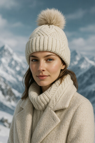 Luminos Butik قبعة صوفية منقوشة باللون البيج - تصميم مريح وأنيق Beret1140