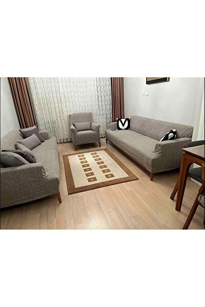 Mahperi Home Lüks Jakarlı Düz Keten Koltuk Kanepe Örtüsü 3+3+1+1 Takım
