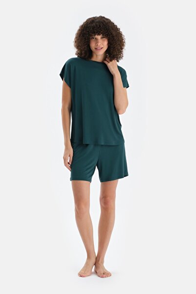 Dagi Dark Green Off Shoulder Short Sleeve Viscose T-Shirt Shorts Pajama Set