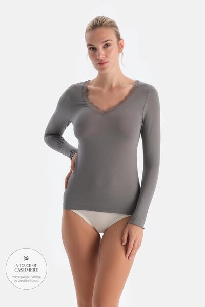 Dagi Dark Gray Modal Cashmere Lace Detailed V-Neck Long Sleeve Blouse