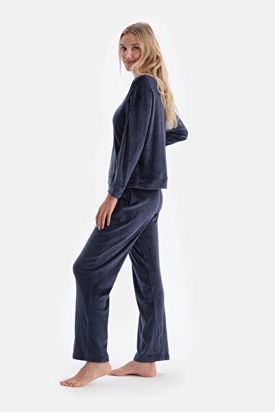 Dagi Navy Blue Crew Neck Long Sleeve Velvet Pajama Set