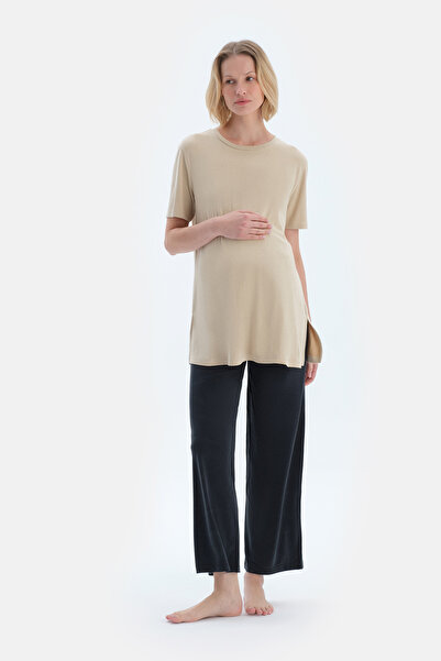 Dagi Milky Brown Crew Neck Modal Maternity T-Shirt