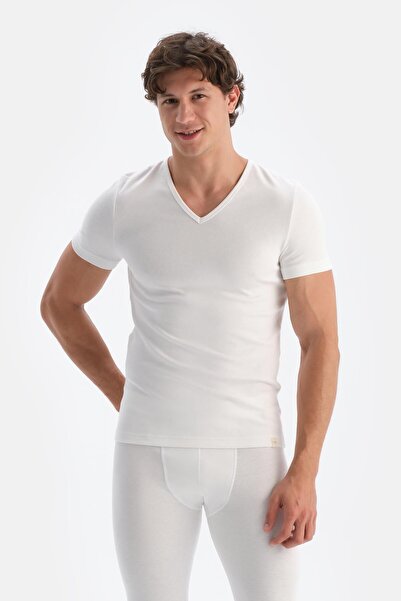 Dagi Ecru V-Neck Short Sleeve Men's Thermal Underwear Single Top