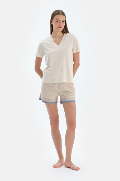 Dagi Ecru V-Neck Short Sleeve T-Shirt Pants Pajama Set