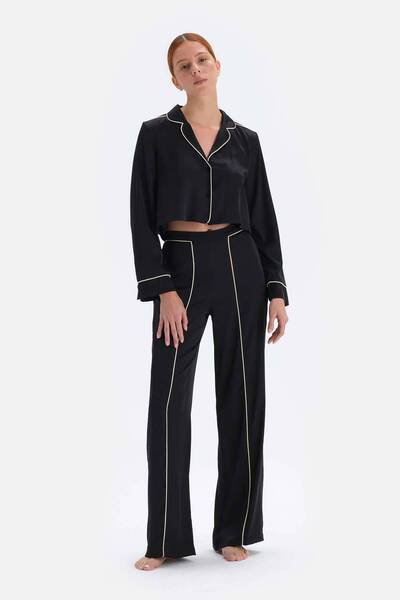 Dagi Λεπτομερές σετ πιτζάμες νυφικής σατέν μαύρες σωλήνες