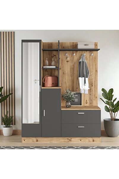 Robin Home Bella Aynalı Raflı Vestiyer Ayakkabılık Portmanto Antrasit