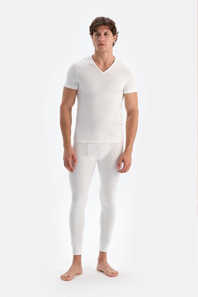 Dagi Ecru V-Neck Short Sleeve Men's Thermal Underwear Single Top