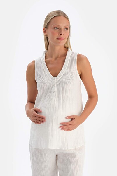 Dagi Μπλούζα πιτζάμα μουσελίνας εγκυμοσύνης - Λευκό Frill and Placket