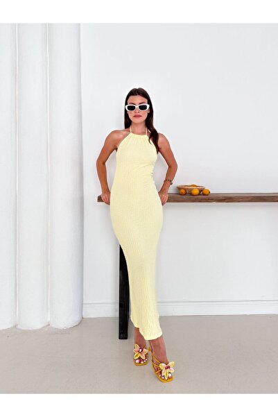 NR FASHION Boyundan Bağlamalı Arkası Yırtmaçlı Gofre Elbise Trend