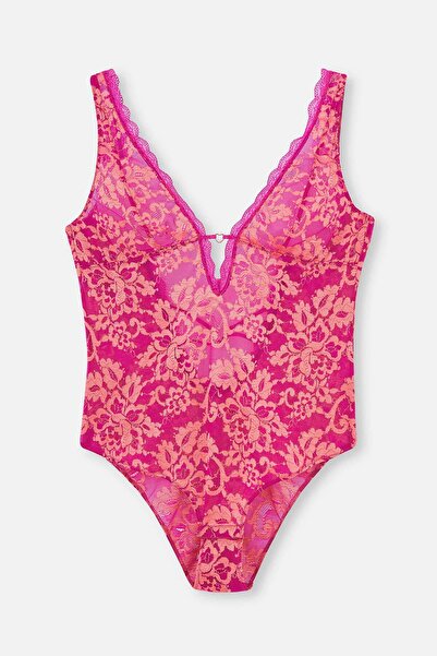 Dagi Pembe Şerit Detaylı Dantel Bodysuit