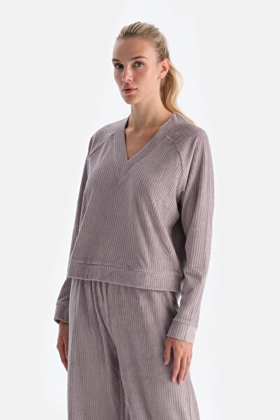 Dagi Hanorac din catifea cu mâneci lungi și decolteu în V liliac deschis