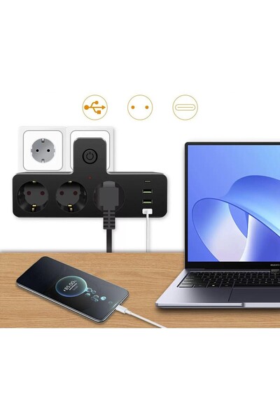 asua 3'lü Termal Akım Korumalı Priz 3xUSB 1xType-C 20W PD Giriş