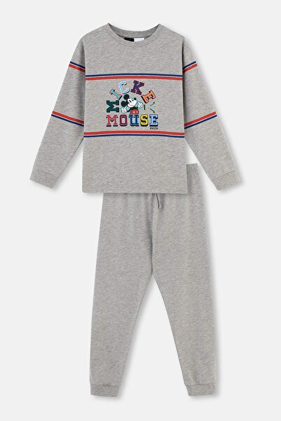 Dagi Gri Melanj Mıckey Mouse Lisanslı Bisiklet Yaka Uzun Kollu Pijama Takımı
