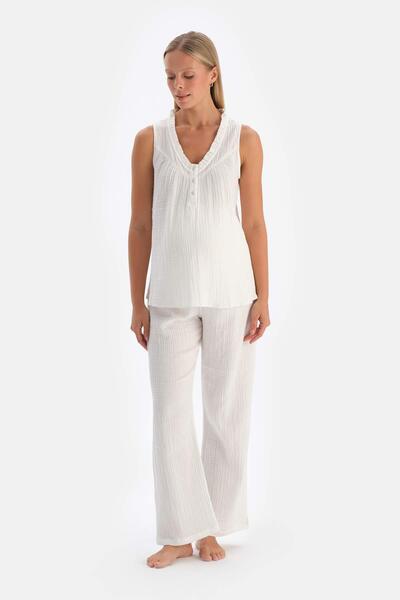 Dagi White Muslin Long Pajama Bottoms for Pregnant Women