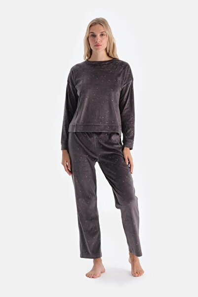 Dagi Siyah Parlak Yıldız Baskılı Uzun Kollu Kadife Pijama Takımı