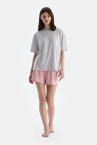 Dagi Gray Melange Print Detailed Short Sleeve T-Shirt Shorts Pajama Set