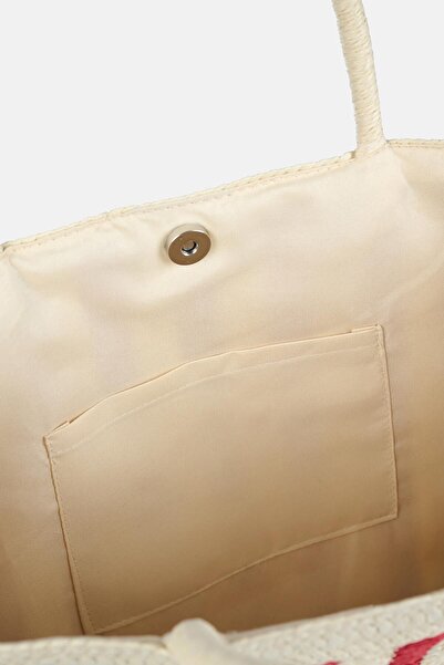 Dagi Ecru-Red Women's Stripe Patterned Straw Beach Bag