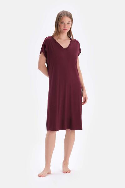 Dagi Cămașă de noapte din viscoză, cu mânecă scurtă, cu dantelă roșie claret