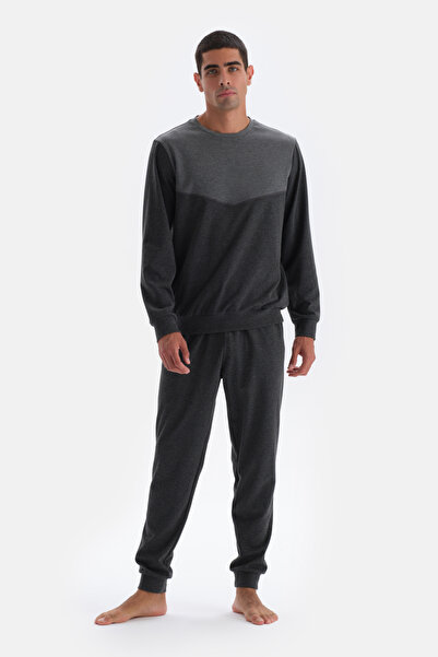 Dagi Antrasit Melanj Bisiklet Yaka Uzun Kollu Örme Pijama Takımı