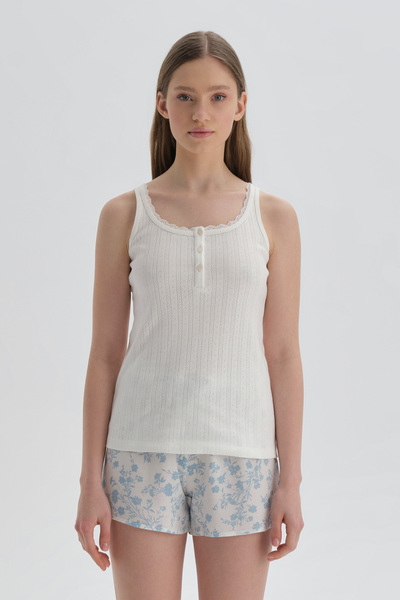 Dagi White Buttoned Collar Cotton Tank Top