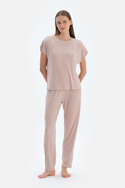 Dagi Σετ πιτζάμες με ανοιχτό ροζ Crew Neck Jogger Leg Viscose Camisole