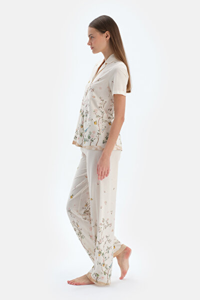 Dagi Ekru Çiçek Desenli Gömlek Pantolon Pijama Takımı