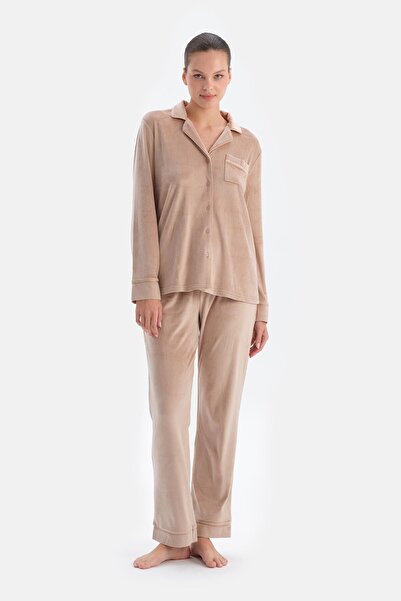 Dagi Set de pijamale cu pantaloni cămașă din catifea cu lapte și cafea