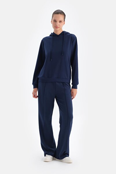 Dagi Navy Blue Wide Leg Ribbed Basic Modal Trousers