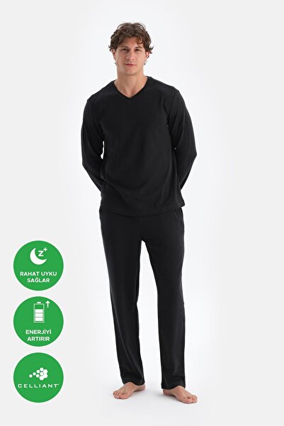 Dagi Μαύρο σετ πιτζάμες Celliant με μακρύ μανίκι σε σχήμα V
