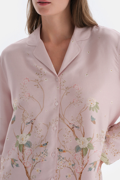 Dagi Açık Lila Metraj Baskılı Saten Gömlek Pijama Üstü