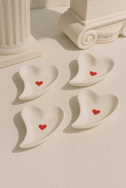 Anadolu Saray Set of 4 Handmade Ceramic Heart Design Coffee Side Turkish Delight Bowl and Jam Presentation Dish Decorative Plate
