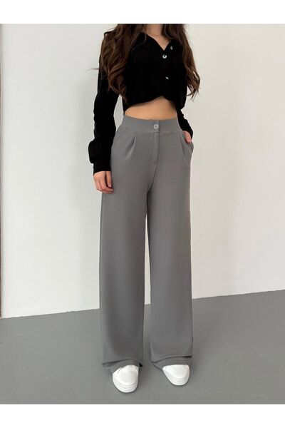 BİKELİFE Women's Light Gray Lycra Palazzo Loose Wide Leg Pants