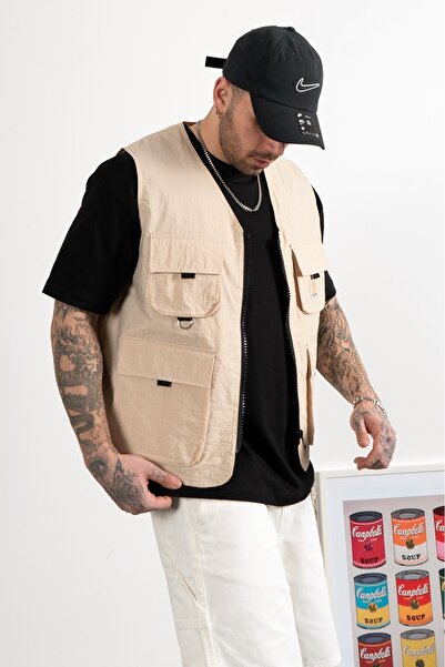 UKHWD SUPPLY Beige Multi-Pocket Utility Cargo Men's Vest