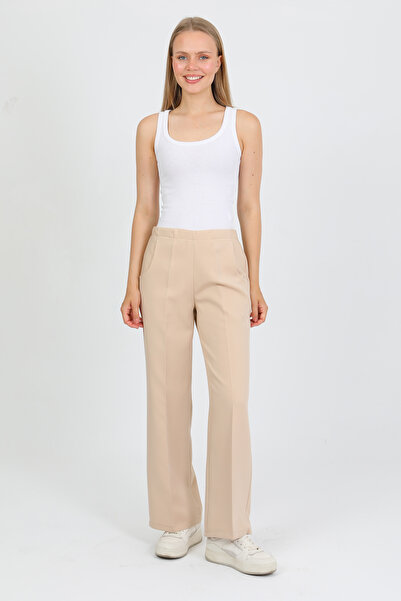 PASTELASTORE Light Beige Back Elastic High Waist Wide Leg Palazzo Women's Casual Fabric Pants 2345