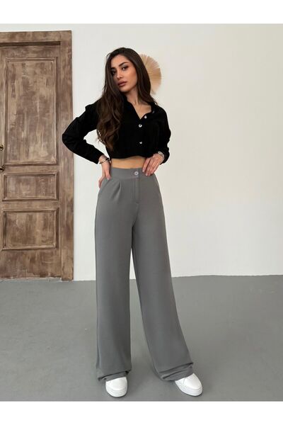 BİKELİFE Women's Light Gray Lycra Palazzo Loose Wide Leg Pants