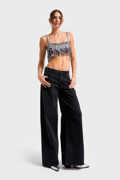 its basic Kadın Füme Çizgili Renk 1w5-1 Süper Palazzo Fit Esnek Özel Kumaş İç Boy 80cm Denim Jean