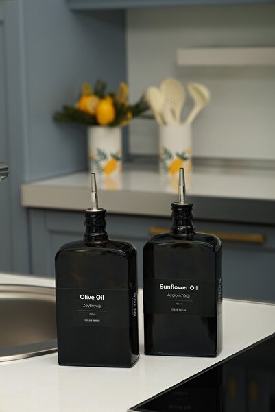 color house 2-Piece 750 ml Oil Pot Sauce Bowl Vinegar Bottle Olive Oil Bottle Sippy-Free Lid Black Dark Glass-Black Label