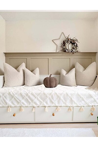 Divanest Püsküllü İskandinav Hemnes Divan Örtüsü Şönil Pike, Yatak Örtüsü Ekru