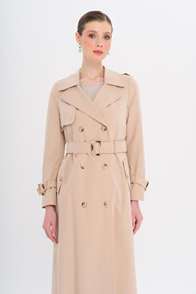 Olcay Zweireihiger, mit Leopardenmuster gefütterter, wasserabweisender langer Trenchcoat BEIGE 6747