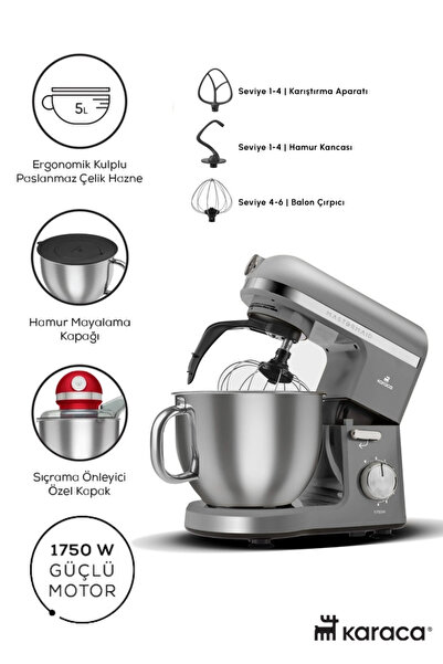 Karaca Çift Kollu Chef Pro Hamur Yoğurma , Karıştırma, Çırpma Stand Mikser & Mutfak Şefi 1750w 5 Litre