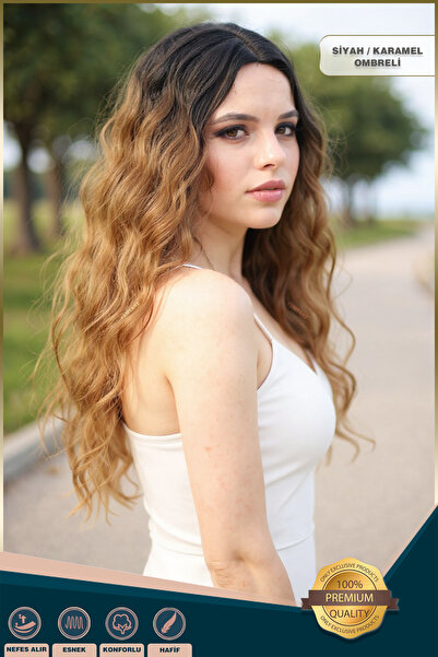 KONAK PERUK Kabarık Dalgalı Uzun Fiber Sentetik Peruk - Siyah / Karamel Ombreli